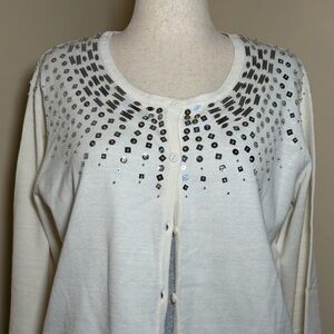 Quacker Factory XL Ivory Embellished Cardigan Sweater Button Front Sparkle